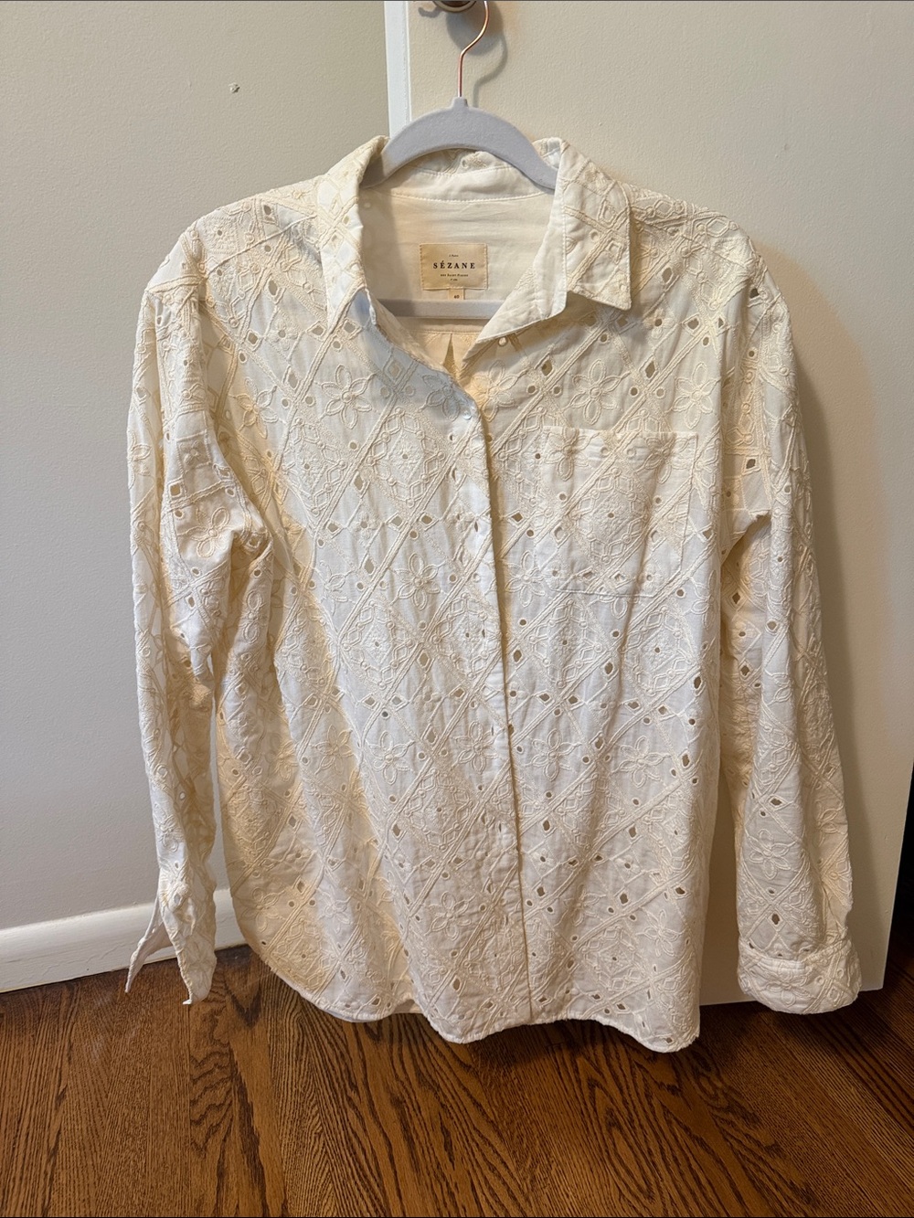 Sezane Max Ecru Eyelet Oversized Button Down Shirt - Picture 2 of 3